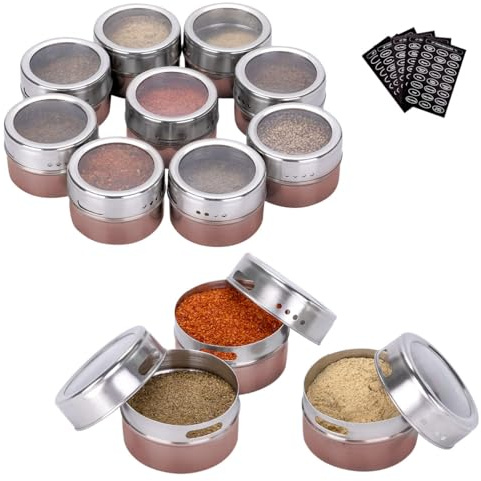 Kingmate 12 Stück (Rot) Gewürzdosen Magnetisch Edelstahl Gewürze Spice Jars, 96 Gewürzetiketten & 24 Blankoetiketten, Gewürzregal Gewürzdosen Set Glas Magnetisch Gewürz Spice Box