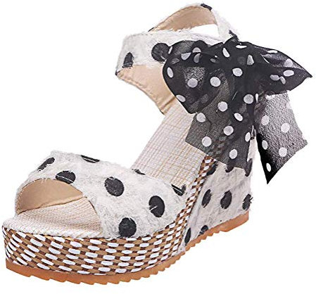 Minetom Vintage Sandale Compensées Femme Plateforme Été Espadrilles Polka Dot Bout Ouvert Bohême Wedge Chaussures en Paille B Blanc 35 EU