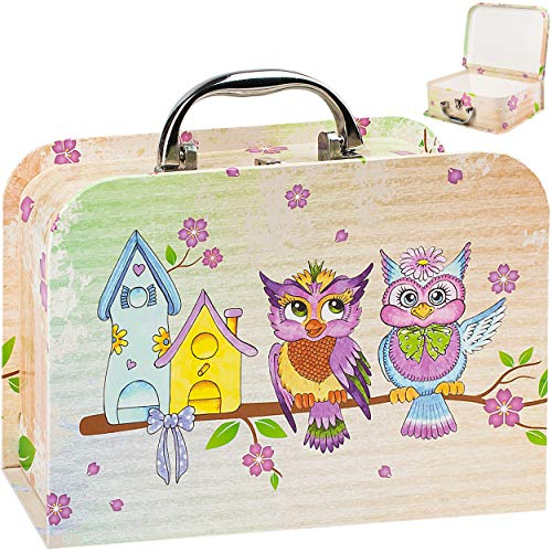 alles-meine.de GmbH Koffer/Kinderkoffer - MITTEL - lustige Eulen auf dem AST - 23 cm - Pappkoffer - Puppenkoffer - Kinder - Pappe Karton - Eule Vögel Blumen Blüten/Tiere - Vo..