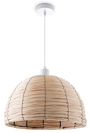 Paco Home Pendelleuchte Esstischlampe Esszimmer Pendellampe Korb Optik 1,5m Textilkabel E27 Rustikal Boho Hängelampe, Farbe:Natur (Ø36 cm), Leuchtenart/Farbe:Pendelleuchte - Weiß