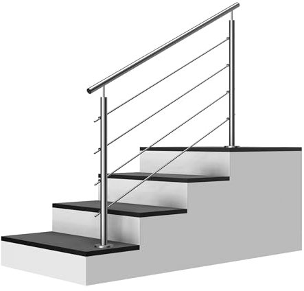 Edelstahl Treppengeländer Aufmontage, 1,2m lang, 0,9m hoch, Außengeländer, je 2 Pfosten + 4 Querstreben + Handlauf mit Trägerplatten + Zubehör, Winkelverstellbar (L:1200mm H:900mm)