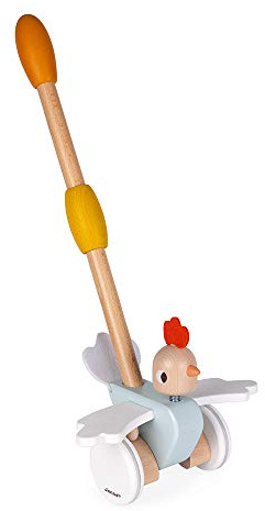 Janod - Schiebespielzeug aus Holz „Huhn“ - Baby- und Kleinkindspielzeug - Entwicklung von Motorik und Fantasie - Leise Räder - FSC-zertifiziert - Ab 18 Monaten, J08260