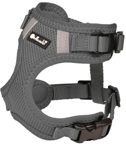 Petlando Hundegeschirr Mesh Vest, leichtes Brustgeschirr aus weichem Mesh & Nylon, stufenlos verstellbar, reflektierend mit 2 D-Ringen, Anthrazit XS für kleine Hunde