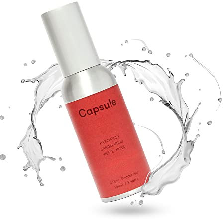 Capsule - Air Freshener Spray for Before and After Toilet Use, Potent Air Freshener for Home and Office Bathroom, In a Portable Toilet Spray Bottle (Patchouli, Sandalwood and White Musk Scent,100ml)