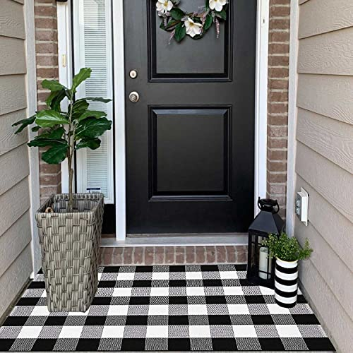 HOYIJA Buffalo Plaid Check Outdoor Rug 3' x 5' Black and White Checkered Rug,Retro Cotton Hand-Woven Washable Indoor/Outdoor Decor Area Rugs for Welcome Door Mat/Front Porch/Entryway/Kitchen