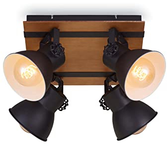 Briloner Leuchten Deckenlampe retro mit Holzbalken, 4-flammige Deckenleuchte vintage, E27 Fassung max. 40 Watt, verstellbare Lampenschirme, rustikaler Deckenspot, Schwarz-Weiß-Holz, 1 Stück (1er Pack)