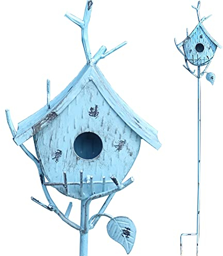 Vogelhäuser für den Außenbereich mit Stange, Metall-Vogelhaus-Pfahl für den Außenbereich, rustikales Vogelhaus auf Stange, Bauernhaus, Vogelhaus, Dekoration, Garten, Hof, Kunst, 99,1 cm, Blau