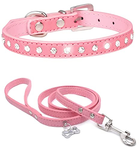 HALFSUMO Collare Cane in Morbida Pelle Scamosciata Collari per Cani con Borchie Scintillanti con Strass per Animali Domestici Cuccioli Gatti Cani Combo Set con Guinzaglio Rosa XS