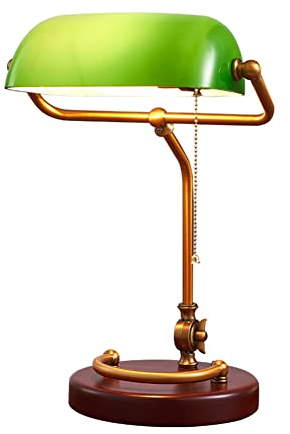 OOWOKS Bankerlampe mit Zugketten Schalter, Bankers Schreibtischlampe mit Stecker und Kabel, Grün Glass Bankers Bürolampe Verstellbare Arm Holz Base E27 Klassisch Retro Schreibtischleuchte