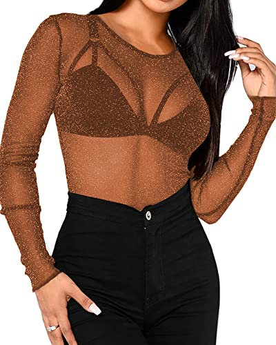 BelleLovin Women's Sheer Mesh Tops Long Sleeve Glitter Sexy Tops See Through Blouses, Brown, S