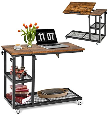 GIANTEX Tisch in C-Form und Rollen, Couchtisch mit 5 verstellbaren Höhen und Ablage, Industriemobil, mit neigbarer Oberfläche, für Wohnzimmer, Schlafzimmer (Kaffee)
