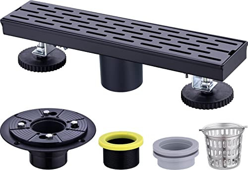 TRUSTMI Desagüe de ducha lineal de 12 pulgadas con rejilla extraíble con patrón de ladrillo, patas ajustables, drenaje rectangular para piso de baño con recogedor de pelo y brida de base, negro mate