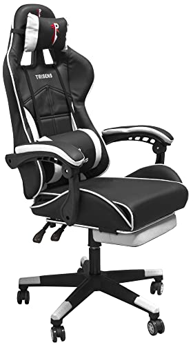 TRISENS Gaming Stuhl im Racing-Design mit Fußstütze Gaming Bürostuhl mit Armlehnen ergonomischer Gaming Schreibtischstuhl mit verstellbarem Rückenstützkissen und Nackenkissen, Farbe:Schwarz/Weiß
