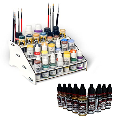 Silu- Peintures Vallejo. Gamme de peintures acryliques métallisées, plus un organisateur de pots Vallejo de 17ml et 35ml, des pinceaux et des outils de modélisation, pour peindre Warhammer 40k