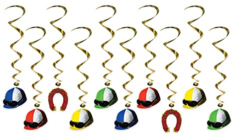 Beistle S57586AZ2 10 Piece Derby Day Jockey Helmet Whirls Hanging Spirals for Horse Racing Party Decorations, Plastic Paper, Multicolor