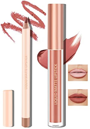 Boobeen flüssiger matter Lippenstift und Lippenstift Set, Nude Red Lip Makeup Longwear Wasserdicht Lipliner Pens & Velvet Lip Stain Lip Gloss Smooth Matte Lip Colour Make Up Gift Set
