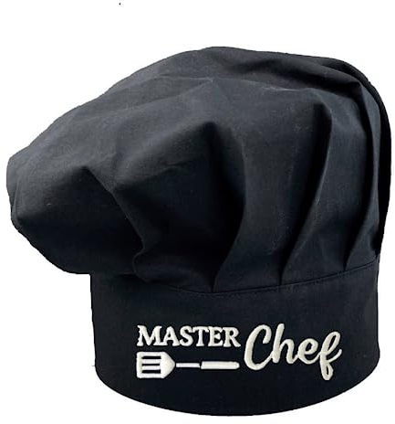 Pet-Jos Master Chef Chef Kochmütze mit Stickerei Unisex Geschenk Kochmütze aus Baumwolle Küche Hotel Restaurant Gastro-Hüte Einstellbar für Männer Frauen Kochen Schwarz