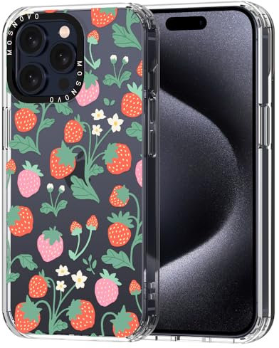 MOSNOVO Case for iPhone 15 Pro Max, [Buffertech 6.6ft Military-Grade Drop Protection] [Anti Peel Off Tech] Clear TPU Bumper Phone Case Cover Design - Strawberry Garden