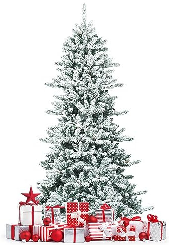 KOMFOTTEU Künstlicher Weihnachtsbaum 210 cm, Tannenbaum mit Schneeflocke & Tannenzapfen, Kunstbaum Partydekoration mit Metallständer, für Haus, Geschäfte, Büro