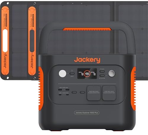 Jackery Explorer 1000 Plus Generador Eléctrico Solar Portátil con 2 Paneles Solares 100W, 1264Wh Batería LFP, 2000W Salidas de CA 4000W Pico, Capacidad Ampliable a 5kWh para Exteriores, RV, Emergencia
