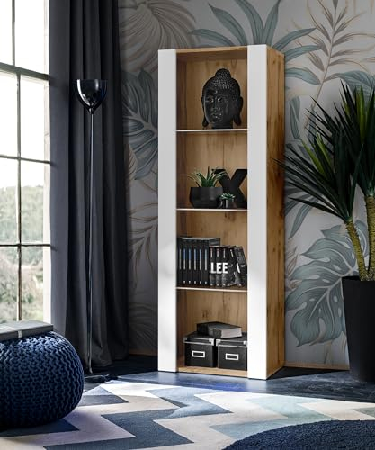 Komodee , Vitrine Schrank Tivoli, Weiß/Wotan, Breite 55cm x Höhe 159cm x Tiefe 35cm, 3 Regalböden, für Wohnzimmer, Schlafzimmer, Eingang