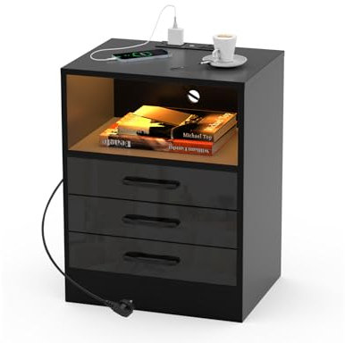 EXSELTMAN Table de Chevet LED avec Station de Charge Lumière LED Réglable,Table d'Appoint avec 2 Ports et 2 Prises USB Table de Nuit avec avec 3 tiroirs pour Salon Chambre (Noir, 45x35x60cm)