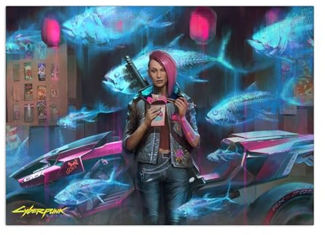 Displate Offiziell Cyberpunk 2077 MetallPoster Magnetische Befestigung Inklusive Lizenziert Bilder Hochwertiges Poster Cyberpunk 2077 2077 Moments Holographic Fish