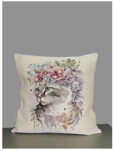atelier alles-Spitze Ausgefallene Gobelin-Kissenhülle „Flowerpower Katze“ 45x45 cm | Charmanter, strapazierfähiger Kissenbezug in Naturbeige | Pflegeleichte und langlebige Raumdekokoration