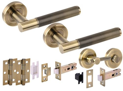 Hunta HANDLEZONE® Evo Knurled Grip Door Handles on Rose Bathroom Deadbolt Pack with Knurled Turn Set, 76mm Latch and Lock, 75mm Ball Bearing Hinges - Antique Bronze