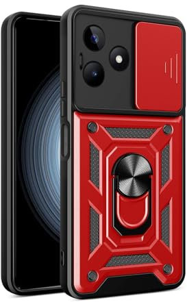 ILING Funda para Realme Note 50 / Realme C53 / Realme C51, Ultradelgado Textura Mate Antigolpes Dura PC Carcasa, Suave Silicona TPU Bumper Cubierta con Anillo Soporte y Tapa Cámara Deslizante (Rojo)