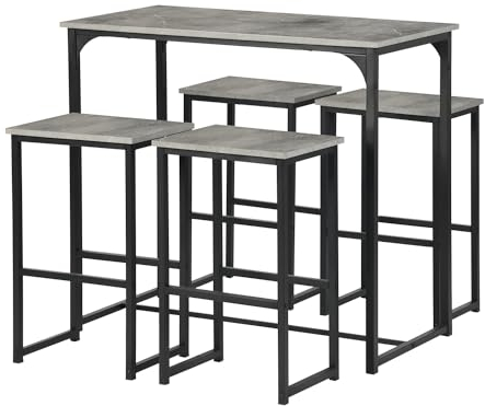 GOKHOMX Bartisch mit 4 Hockern, Set hoher Bartisch mit 4 Hockern, Esstisch für Bar, hoch und Hocker, Tisch für Küche und Stühle, platzsparend, für Haus, Küche, Taverne, Grau