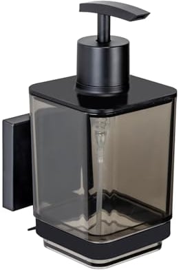 WENKO Vacuum-Loc® Seifenspender Quadro, Kunststoff-Spender 340 ml mit Edelstahl-Halterung, Befestigen ohne Bohren, Schwarz