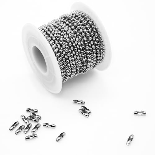 TETEWEVER 10M Kugelkette Edelstahl 2,4 mm Durchmesser Rollenkette mit 50 STK Kugelketten Verbinder für DIY-Projekte, Heimdekoration, Weihnachtsdekoration, Hochzeitsdekorationen, Girlanden