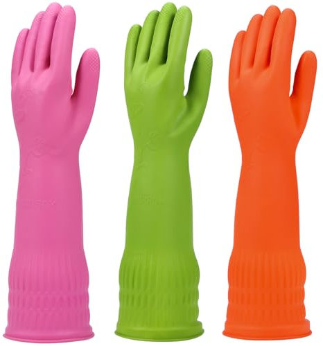 YSLON Rubber Dishwashing Glove Kitchen Cleaning Gloves 3-Pairs,Waterproof Reuseable.(Multicolor,Small)