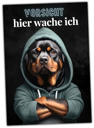 Hundeschild Schild Vorsicht Rottweiler Dog Spruch Türschild Warnschild Hund hier wache ich Geschenkidee lustiger Spruch Hundemotiv Aluminium Wetterfestes Hundeschild