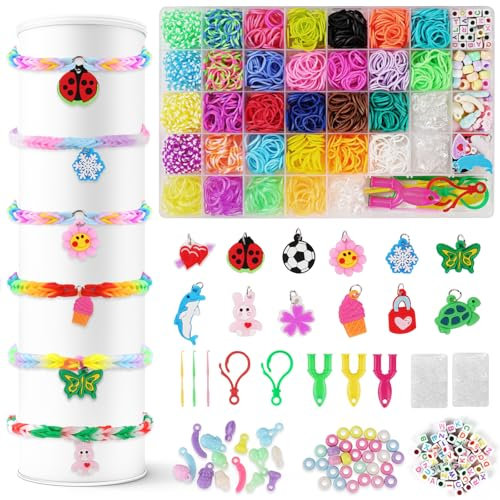 AUAUY Loom Bänder Set, 4800+ Bunte Gummibänder Kit für Armbänder, DIY Elastisches Loombänder Kinder Armband Basteln mit Perlen Haken Charms Aufbewahrungsbox für Anfänger Junge Mädchen Geschenk