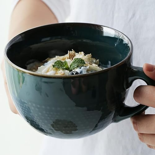 700ml Kaffeetasse, Cappuccino Tassen Steingut, XXL Tasse Keramik Suppentassen mit Henkel, Keramik Becher,Groß Müslischalen mit Henkel,Salat Schale,Kaffeetasse aus Porzellan (Schwarzgrün)