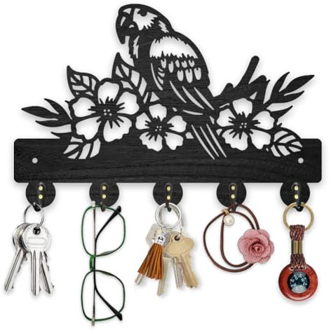 MAYJOYDIY Holz Schlüsselbrett Mit Papagei Für Die Wand 30x20cm Blumen Blätter Wandmontage Schlüsselbrett Vogelelement Kleiderhaken Huthaken 5 Haken Aus Legierung Für Haustür Flur Wandkunst Dekoration