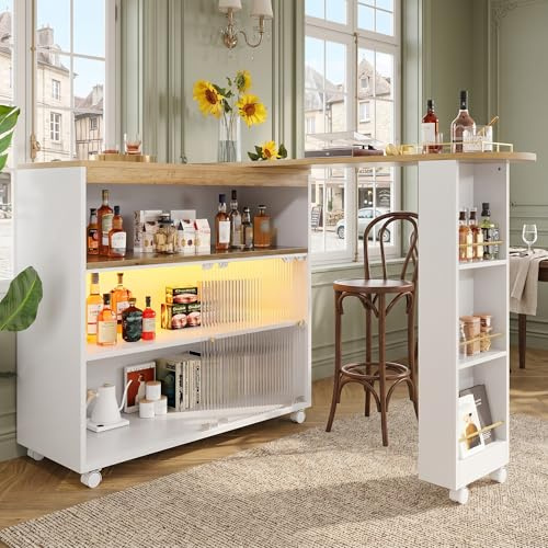 Merax Ausziehbarer Bartisch, mit Großer Stauraum, Stehtisch Bistrotisch, drehbar, mit Türen und LED Lichtstreifen, für Hausbar Kücheninsel Esszimmer, Größe: 138-204×39×105cm, Weiß
