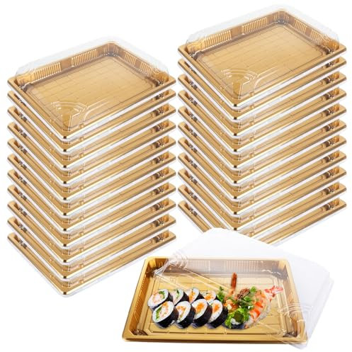 DAJAVE 25 Pack Reusable Sandwich Platter Trays with Lids Small Catering Trays with Lids Gold Buffet Tray with Lid Sandwich Tray Food Sandwiches Platter for Sweet Treat, Party Food (25.5x18.5x5cm)