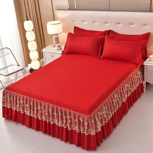 Epinki Wrap-Around Bettvolant 150x200cm Fest, Spitze Bettrock Volants Einfarbig Rot Matratzenschutz, Polyester Betttuch Unterbett als Schutz für Boxspringbett & Topper