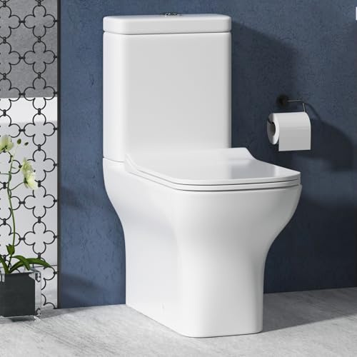 Qubix Contemporary Gloss White Rimless Close Coupled Toilet Square Pan with Dual Flush Cistern Quick Release Slim Soft Close Seat Square Shape Bathroom WC