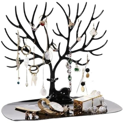 VODAFQS Porte-Bijoux 2 en 1 en Métal Noir, Arbre à Bijoux avec Plateau, Support pour Bagues, Boucles d'Oreilles, Colliers, Bracelets, Organisateur de Bijoux pour Femme(Noir)