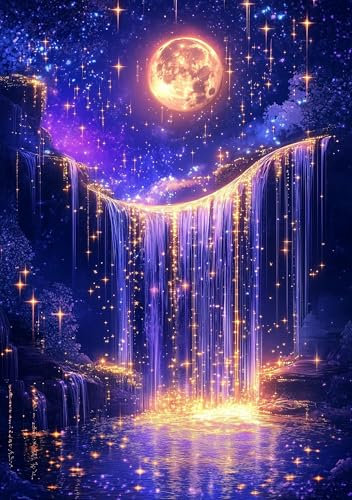 5D Diamond Painting Mond Wasserfall, 5D Diamant Malerei Set für Erwachsene,DIY Vollbohrer Diamant Painting Bastelset,Diamond Painting Landschaft, Wanddeko für Wohnzimmer und Schlafzimmer(30x40cm)