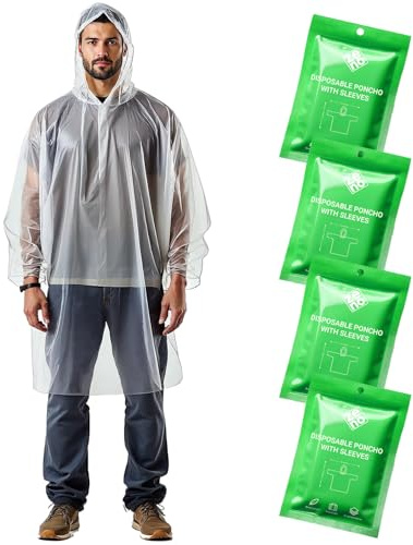 ZENO Poncho Impermeable Desechable, con Mangas y Capucha, Pack 4