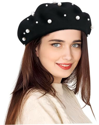 Homoyoyo Damen Kaschmir Baskenmütze Mit Schweren Perlenbesatz Wintermütze Schwarz Modisch Warm Für Alltag Outdoor Geschenk