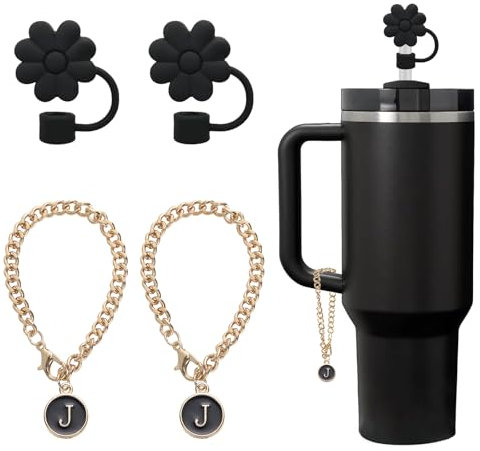 2Pcs Black Flower Straw Covers Toppers for Stanley Cup Accessories, 2PCS Letter Charms,Personalised Stanley Straw Cover 10mm Dustproof - Great Gift for Family, Friends, and Loved Ones (J)