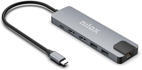 Nilox, Docking Station 8-in-1, con 2 porte HDMI, 3 USB 3.1, 1 USB 2.0, 1 porta Ethernet Gigabit, 10/100/1000Mbit, 1 USB-C Power Delivery (fino a 100W), Grigio