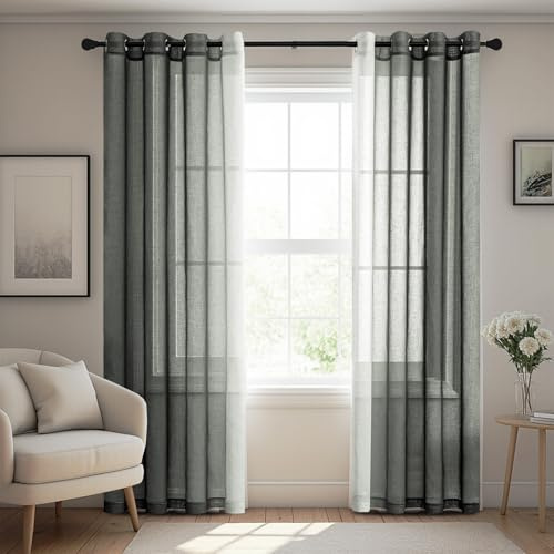 BellaHills Gardinen Leinenoptik Farbverlauf Vorhänge Leinen mit Ösen Fenstervorhang Wohnzimmer Verlauf Leinenstoff Halbtransparent für Schlafzimmer 2er Set 214cmx132cm (HxB) Grün