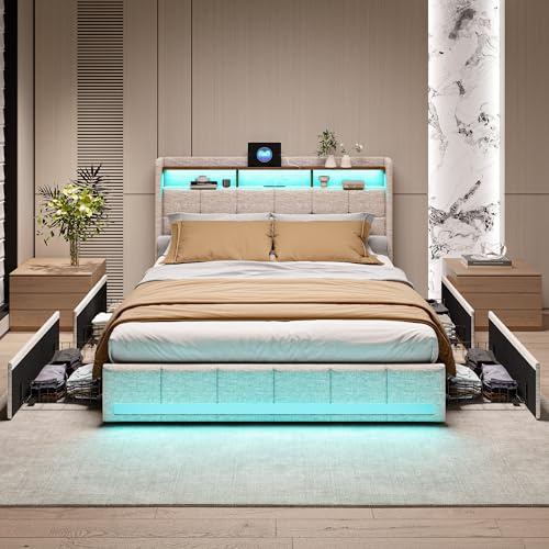Bett mit Stauraum,Polsterbett Doppelbett 140 x 200 cm,Funktionsbett mit LED, gepolstertes Bett mit Bettkasten, Doppelbett mit LED und 4 Bettkasten,Stauraumbett mit Kopfteil und Lattenrost